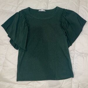 BB Dakota Dark Green Flutter Sleeve Ribbed Top